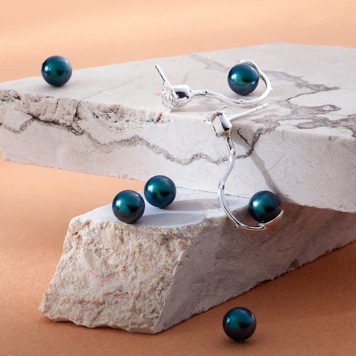 Rose earrings pearls base, sterling silver